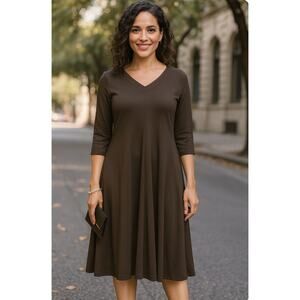 Brown Chico's Midi Dress V-neck 3/4 Sleeve Dress Sz Chicos Sm 4 Minimal Capsule